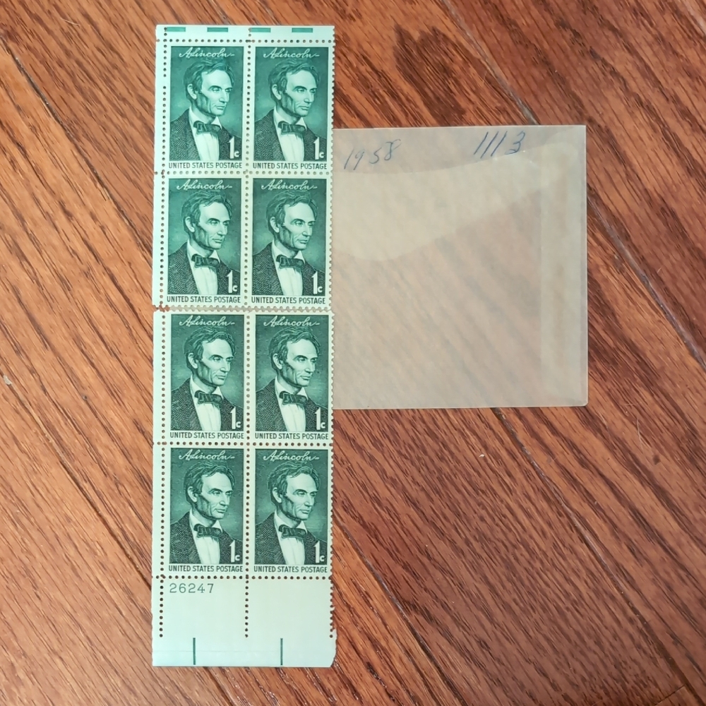 1959 Abraham Lincoln 1 Cent US Postage Stamp Scott #1113 MINT Sheet of 8 Stamps